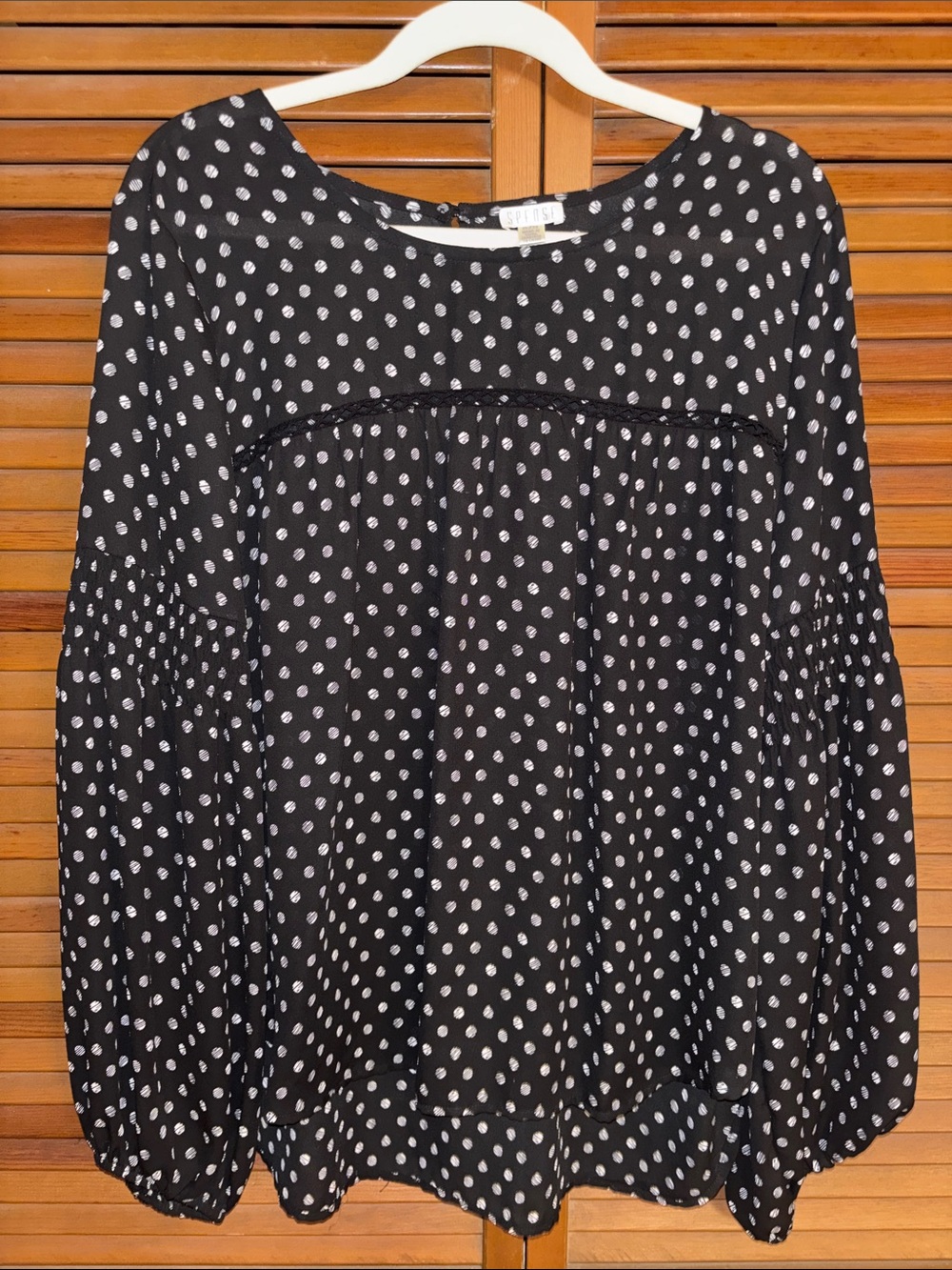 Spense Black Blouse with White Polka Dots